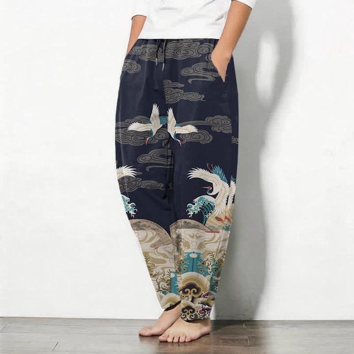 Buddha Stones Pure Cotton Crane Wave Cloud Pattern Drawstring Men's Tapered Pants With Pockets - image 1