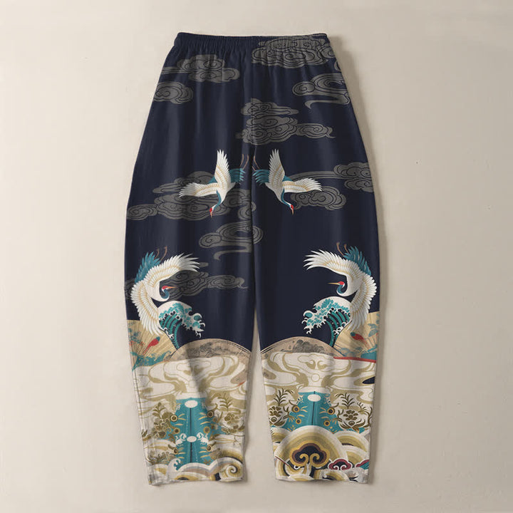 Buddha Stones Pure Cotton Crane Wave Cloud Pattern Drawstring Men's Tapered Pants With Pockets - image 3