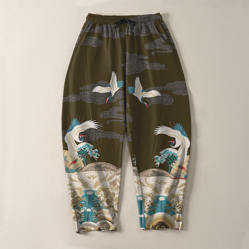 Buddha Stones Pure Cotton Crane Wave Cloud Pattern Drawstring Men's Tapered Pants With Pockets - image 13