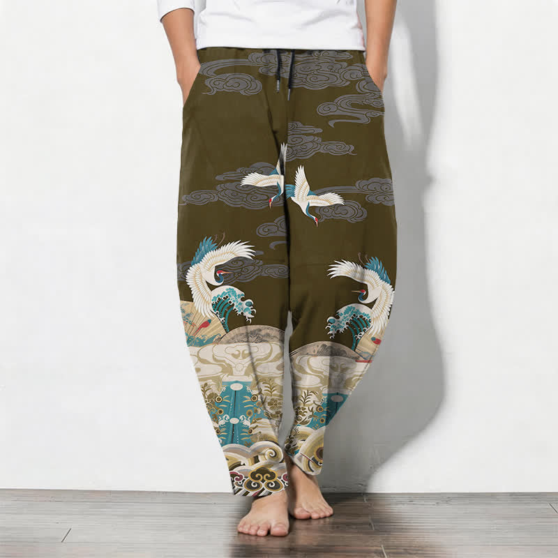 Buddha Stones Pure Cotton Crane Wave Cloud Pattern Drawstring Men's Tapered Pants With Pockets - Olive - US/UK/AU50，EU60 (5XL) - image 11