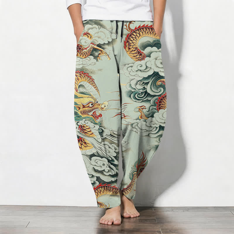 Buddha Stones Pure Cotton Cloud Dragon Pattern Drawstring Men's Tapered Pants With Pockets - PaleGreen - US/UK/AU50，EU60 (5XL) - image 7