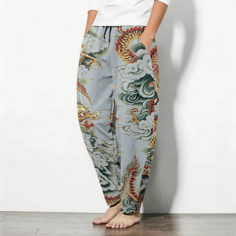 Buddha Stones Pure Cotton Cloud Dragon Pattern Drawstring Men's Tapered Pants With Pockets - image 12