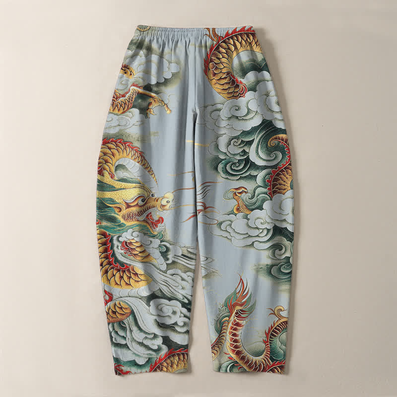 Buddha Stones Pure Cotton Cloud Dragon Pattern Drawstring Men's Tapered Pants With Pockets - image 14