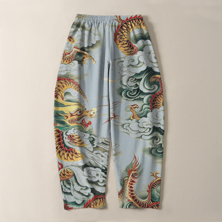 Buddha Stones Pure Cotton Cloud Dragon Pattern Drawstring Men's Tapered Pants With Pockets - image 14