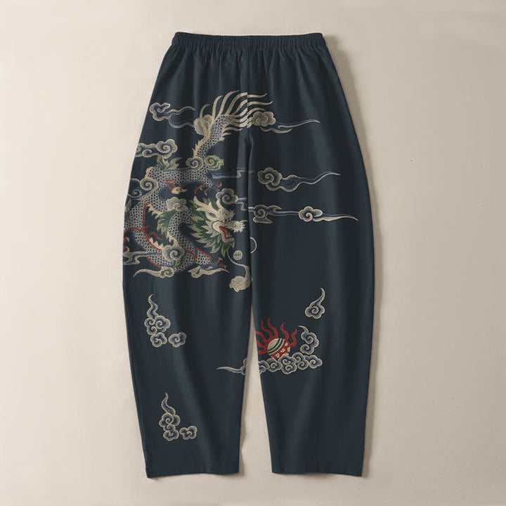 Buddha Stones Pure Cotton Dragon Cloud Fireball Pattern Drawstring Men's Tapered Pants With Pockets - image 3