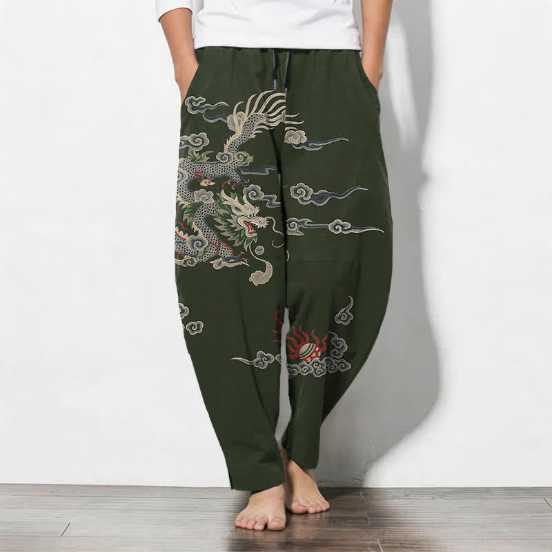 Buddha Stones Pure Cotton Dragon Cloud Fireball Pattern Drawstring Men's Tapered Pants With Pockets - DarkGreen - US/UK/AU50，EU60 (5XL) - image 7