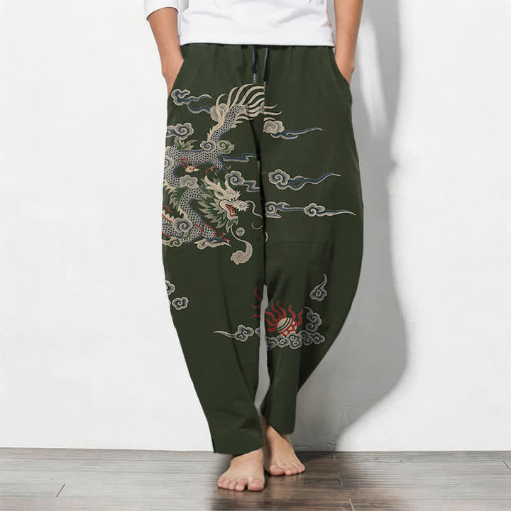Buddha Stones Pure Cotton Dragon Cloud Fireball Pattern Drawstring Men's Tapered Pants With Pockets - DarkGreen - US/UK/AU50，EU60 (5XL) - image 7