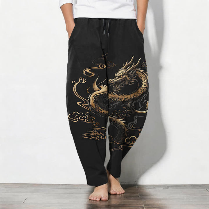 Buddha Stones Pure Cotton Golden Dragon Auspicious Cloud Pattern Drawstring Men's Tapered Pants With Pockets - Black - US/UK/AU50，EU60 (5XL) - image 0