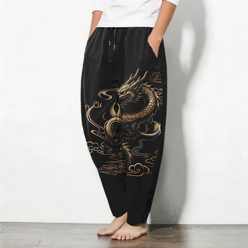 Buddha Stones Pure Cotton Golden Dragon Auspicious Cloud Pattern Drawstring Men's Tapered Pants With Pockets - image 1