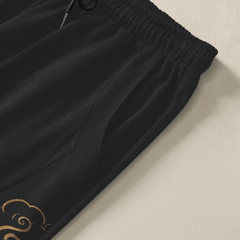 Buddha Stones Pure Cotton Golden Dragon Auspicious Cloud Pattern Drawstring Men's Tapered Pants With Pockets - image 4