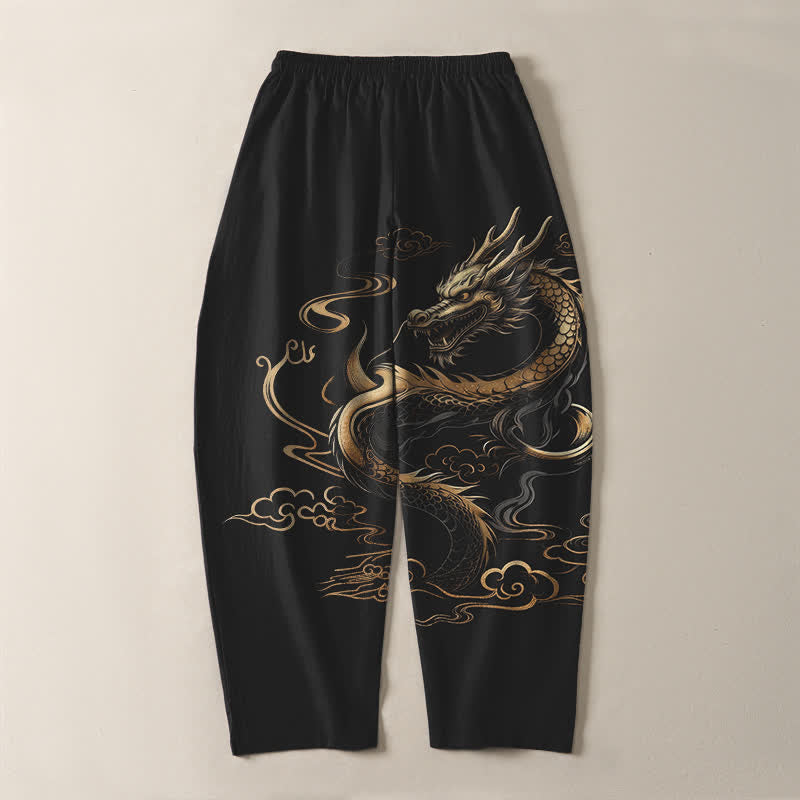 Buddha Stones Pure Cotton Golden Dragon Auspicious Cloud Pattern Drawstring Men's Tapered Pants With Pockets - image 3