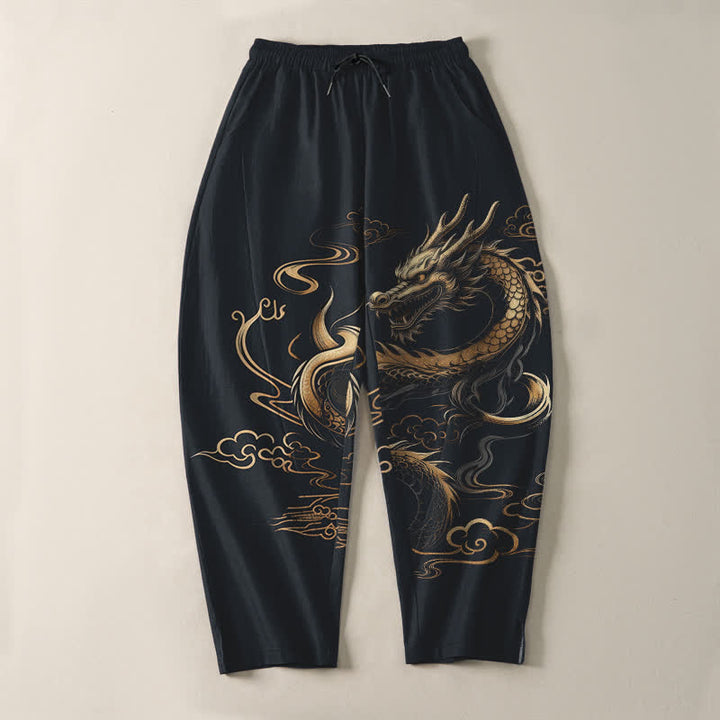 Buddha Stones Pure Cotton Golden Dragon Auspicious Cloud Pattern Drawstring Men's Tapered Pants With Pockets - image 9