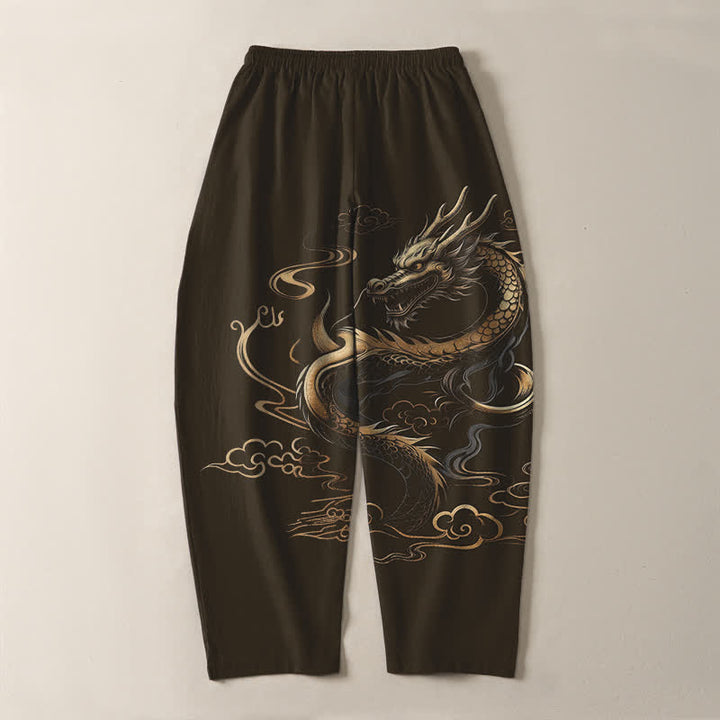 Buddha Stones Pure Cotton Golden Dragon Auspicious Cloud Pattern Drawstring Men's Tapered Pants With Pockets - image 14