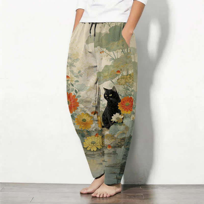 Buddha Stones Pure Cotton Oriental Black Cat Floral Pattern Drawstring Men's Tapered Pants With Pockets - image 1
