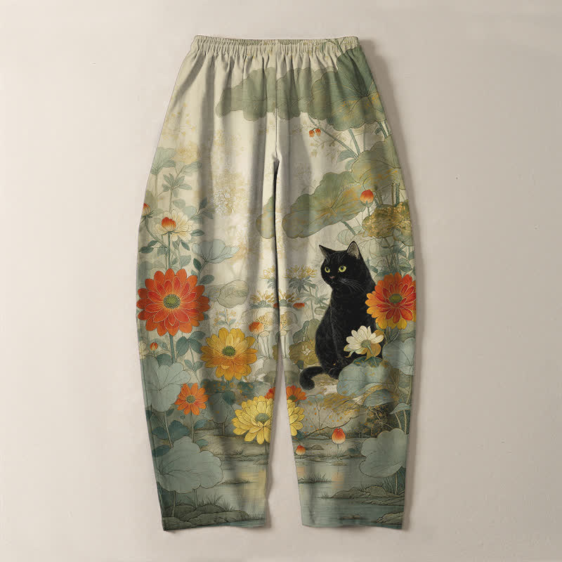 Buddha Stones Pure Cotton Oriental Black Cat Floral Pattern Drawstring Men's Tapered Pants With Pockets - image 3
