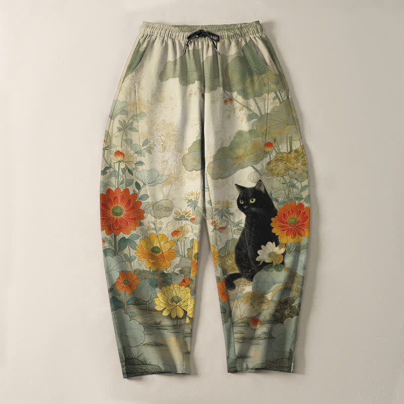 Buddha Stones Pure Cotton Oriental Black Cat Floral Pattern Drawstring Men's Tapered Pants With Pockets - image 2