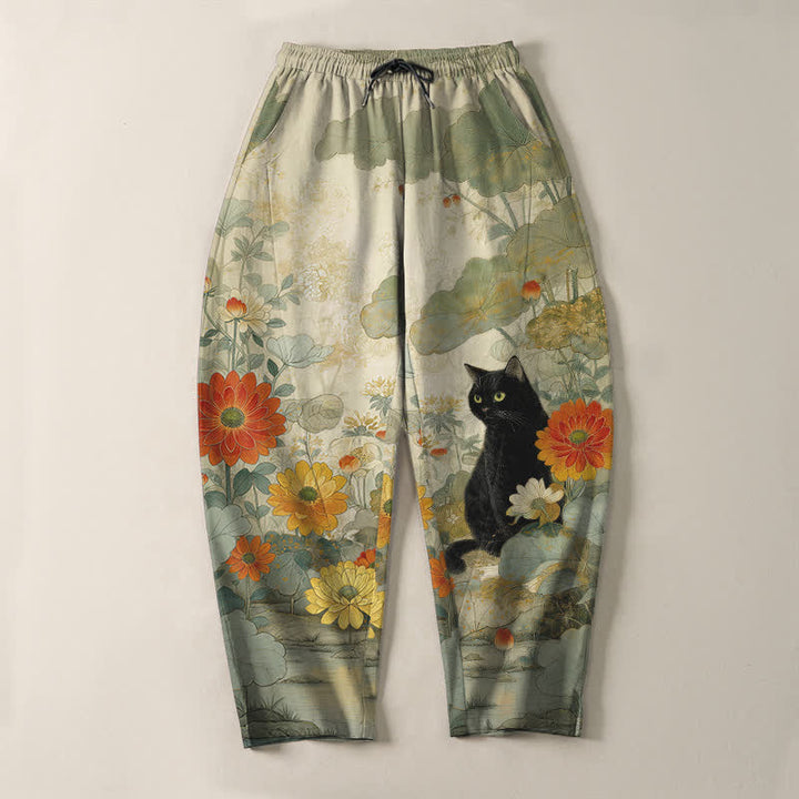 Buddha Stones Pure Cotton Oriental Black Cat Floral Pattern Drawstring Men's Tapered Pants With Pockets - image 2