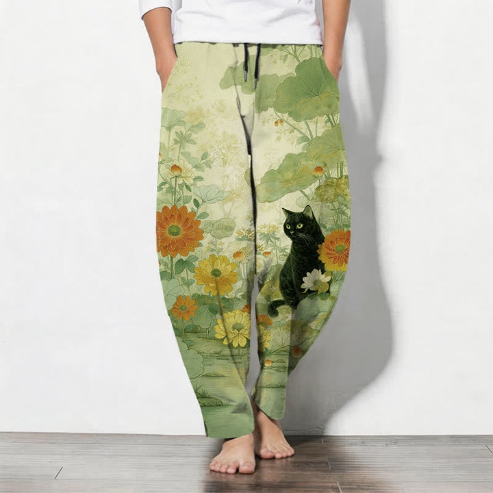 Buddha Stones Pure Cotton Oriental Black Cat Floral Pattern Drawstring Men's Tapered Pants With Pockets - GreenYellow - US/UK/AU50，EU60 (5XL) - image 7