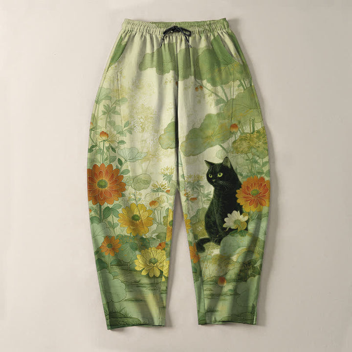 Buddha Stones Pure Cotton Oriental Black Cat Floral Pattern Drawstring Men's Tapered Pants With Pockets - image 9