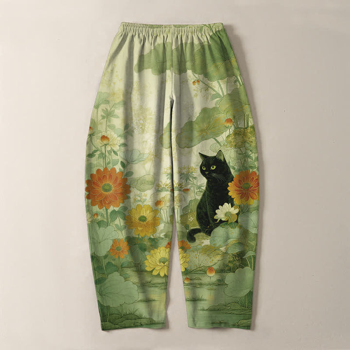 Buddha Stones Pure Cotton Oriental Black Cat Floral Pattern Drawstring Men's Tapered Pants With Pockets - image 10