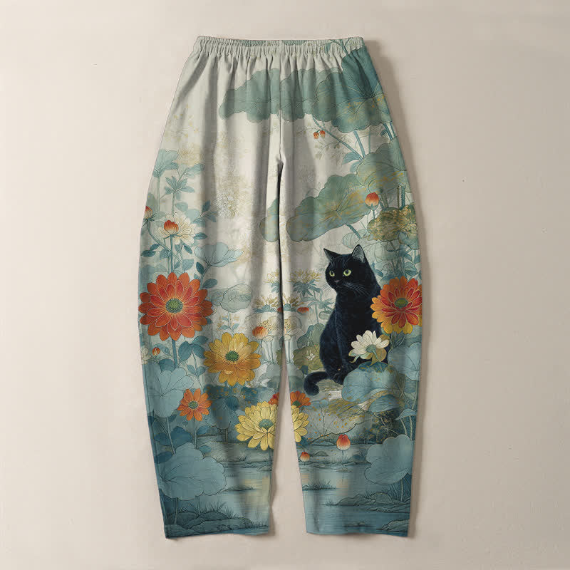 Buddha Stones Pure Cotton Oriental Black Cat Floral Pattern Drawstring Men's Tapered Pants With Pockets - image 14