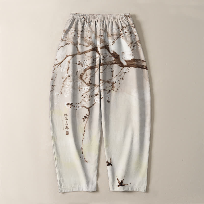 Buddha Stones Pure Cotton Ink Plum Cat Pattern Drawstring Men's Tapered Pants With Pockets - image 10