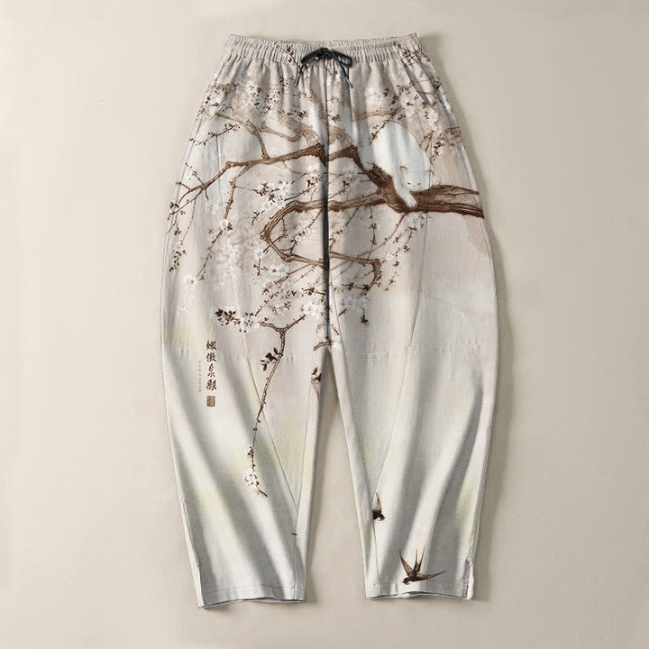 Buddha Stones Pure Cotton Ink Plum Cat Pattern Drawstring Men's Tapered Pants With Pockets - image 9