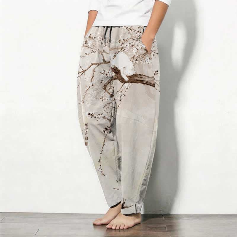 Buddha Stones Pure Cotton Ink Plum Cat Pattern Drawstring Men's Tapered Pants With Pockets - image 8