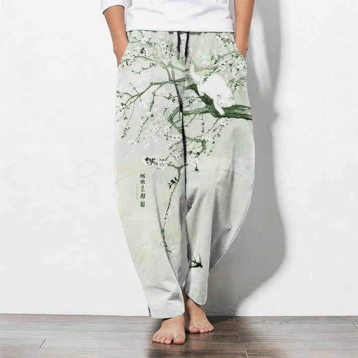 Buddha Stones Pure Cotton Ink Plum Cat Pattern Drawstring Men's Tapered Pants With Pockets - Honeydew - US/UK/AU50，EU60 (5XL) - image 11