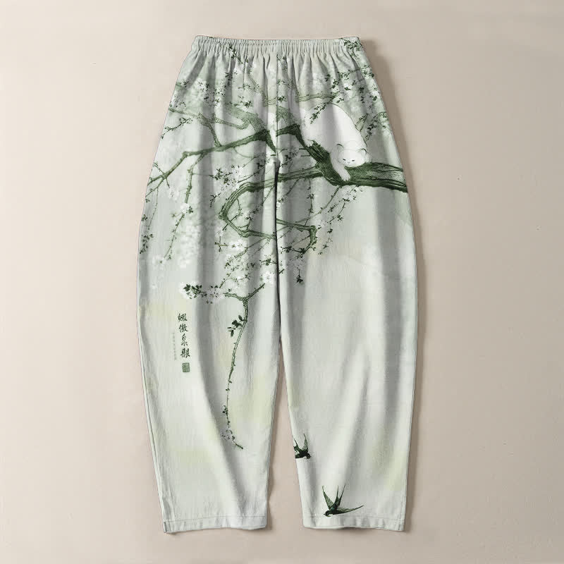 Buddha Stones Pure Cotton Ink Plum Cat Pattern Drawstring Men's Tapered Pants With Pockets - image 14