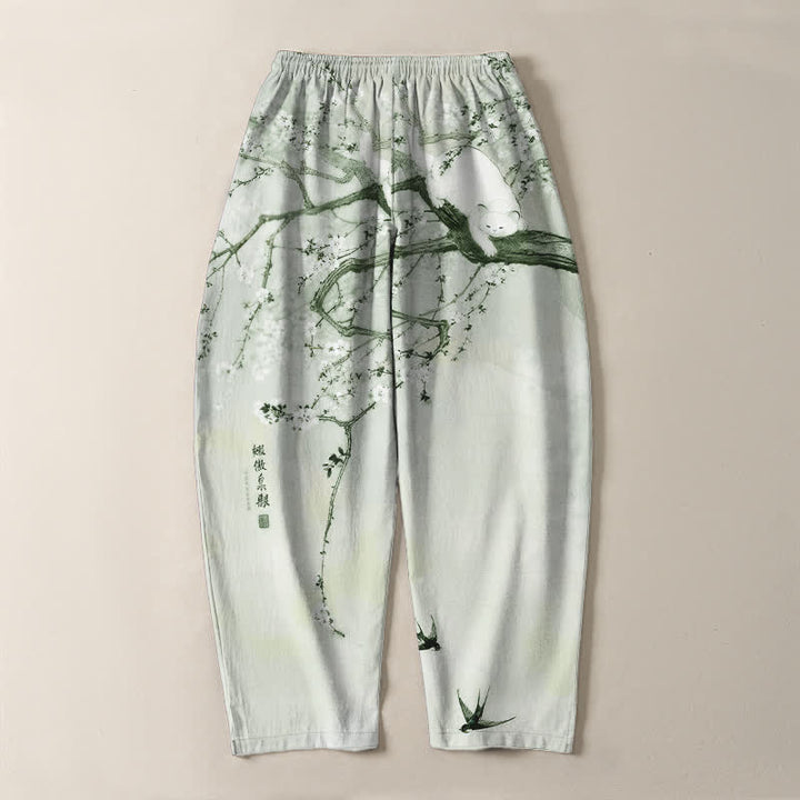 Buddha Stones Pure Cotton Ink Plum Cat Pattern Drawstring Men's Tapered Pants With Pockets - image 14