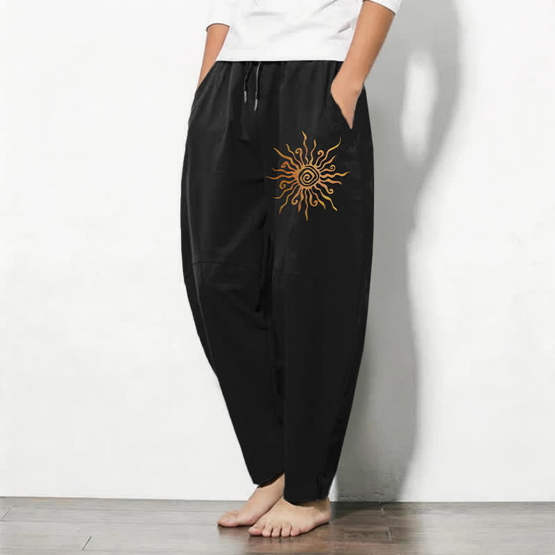 Buddha Stones Pure Cotton Golden Sun Spiral Pattern Drawstring Men's Tapered Pants With Pockets - image 1