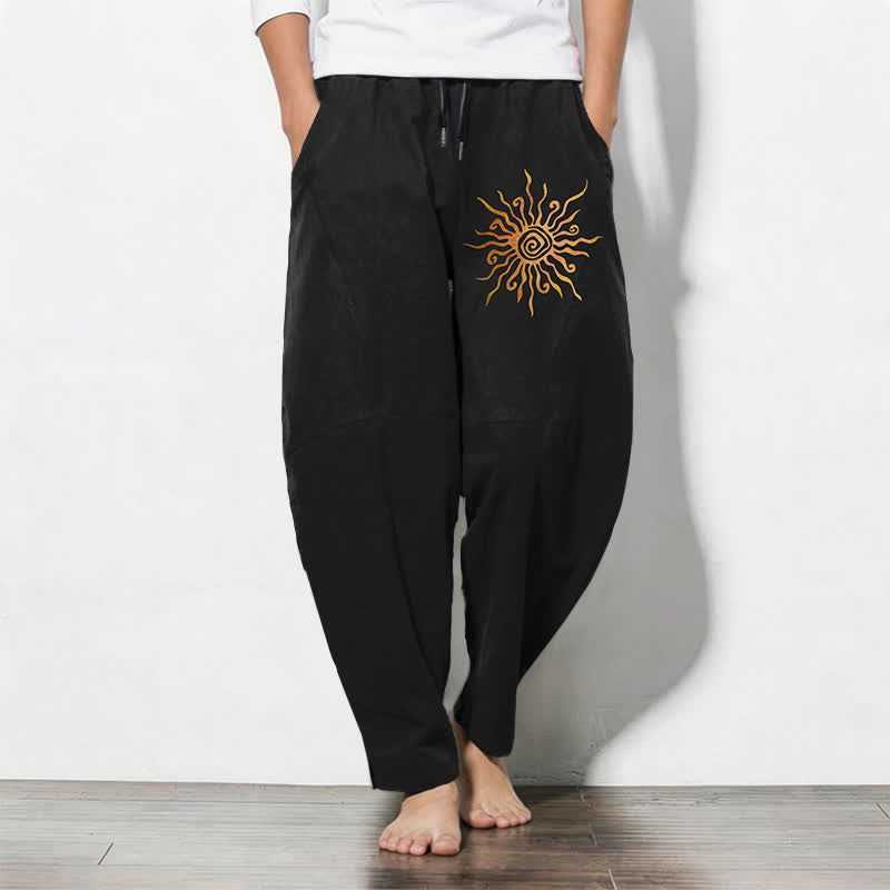 Buddha Stones Pure Cotton Golden Sun Spiral Pattern Drawstring Men's Tapered Pants With Pockets - Black - US/UK/AU50，EU60 (5XL) - image 0