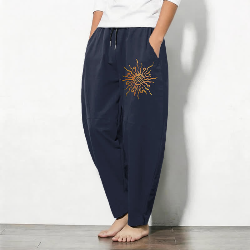 Buddha Stones Pure Cotton Golden Sun Spiral Pattern Drawstring Men's Tapered Pants With Pockets - image 8