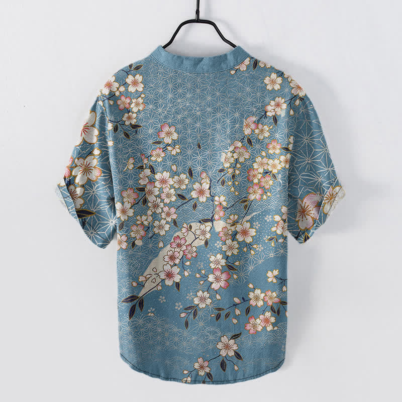 Buddha Stones Cotton Cherry Blossom Geometric Pattern Men's Short Sleeve Half Button Shirt - image 1