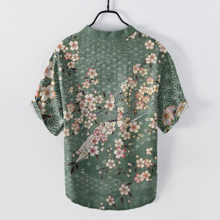 Buddha Stones Cotton Cherry Blossom Geometric Pattern Men's Short Sleeve Half Button Shirt - image 6
