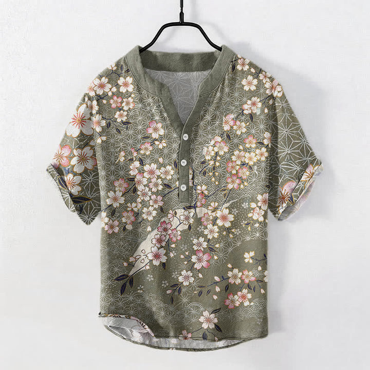 Buddha Stones Cotton Cherry Blossom Geometric Pattern Men's Short Sleeve Half Button Shirt - DarkSeaGreen - US/UK/AU50，EU60 (5XL) - image 7