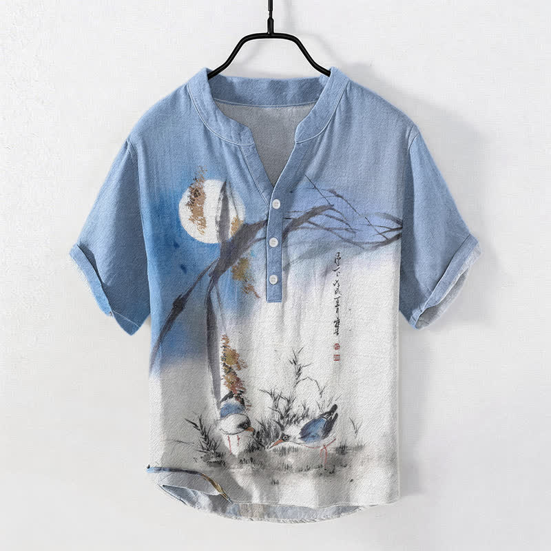 Buddha Stones Cotton Ink Moon Bird Pattern Men's Short Sleeve Half Button Shirt - LightBlue - US/UK/AU50，EU60 (5XL) - image 0