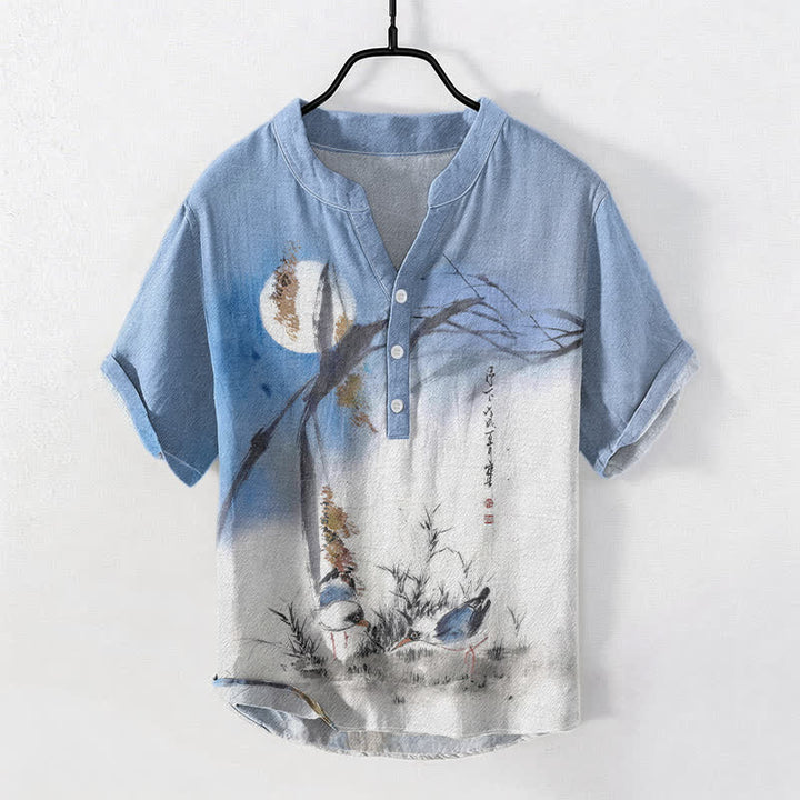 Buddha Stones Cotton Ink Moon Bird Pattern Men's Short Sleeve Half Button Shirt - LightBlue - US/UK/AU50，EU60 (5XL) - image 0