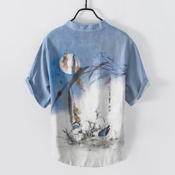 Buddha Stones Cotton Ink Moon Bird Pattern Men's Short Sleeve Half Button Shirt - image 1