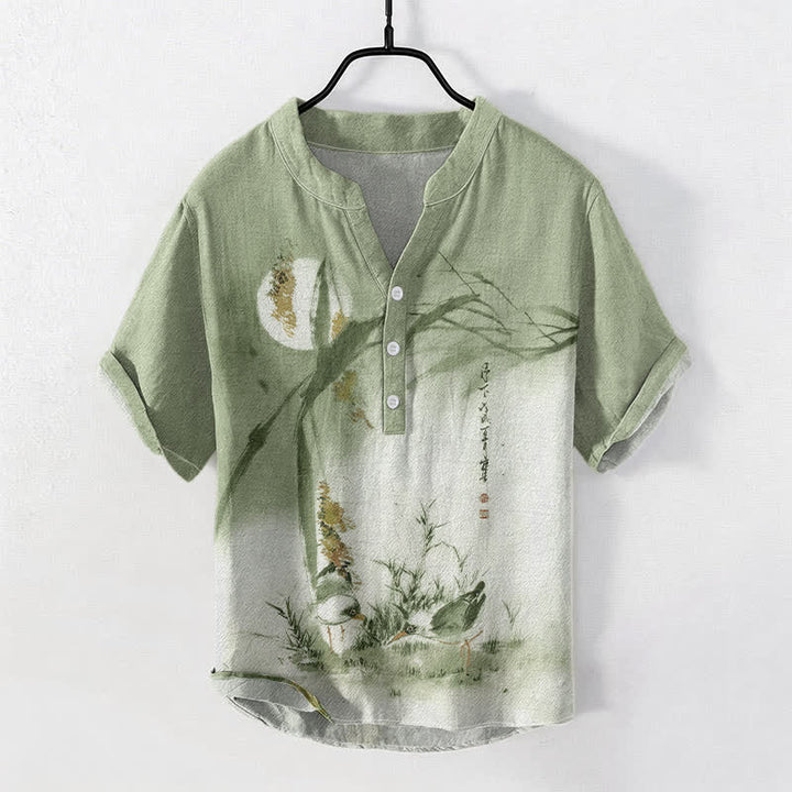 Buddha Stones Cotton Ink Moon Bird Pattern Men's Short Sleeve Half Button Shirt - LightGreen - US/UK/AU50，EU60 (5XL) - image 3