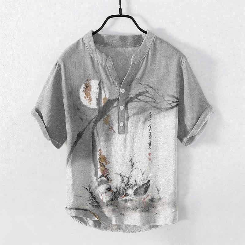 Buddha Stones Cotton Ink Moon Bird Pattern Men's Short Sleeve Half Button Shirt - LightGrey - US/UK/AU50，EU60 (5XL) - image 5