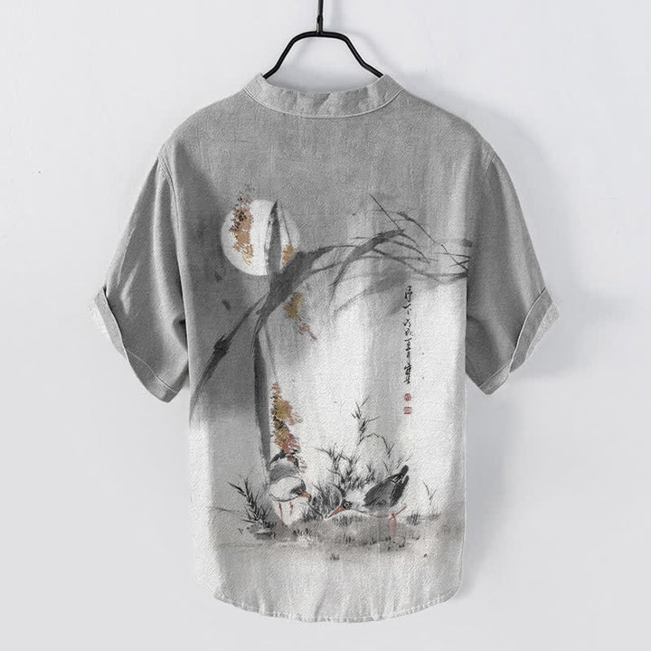 Buddha Stones Cotton Ink Moon Bird Pattern Men's Short Sleeve Half Button Shirt - image 6