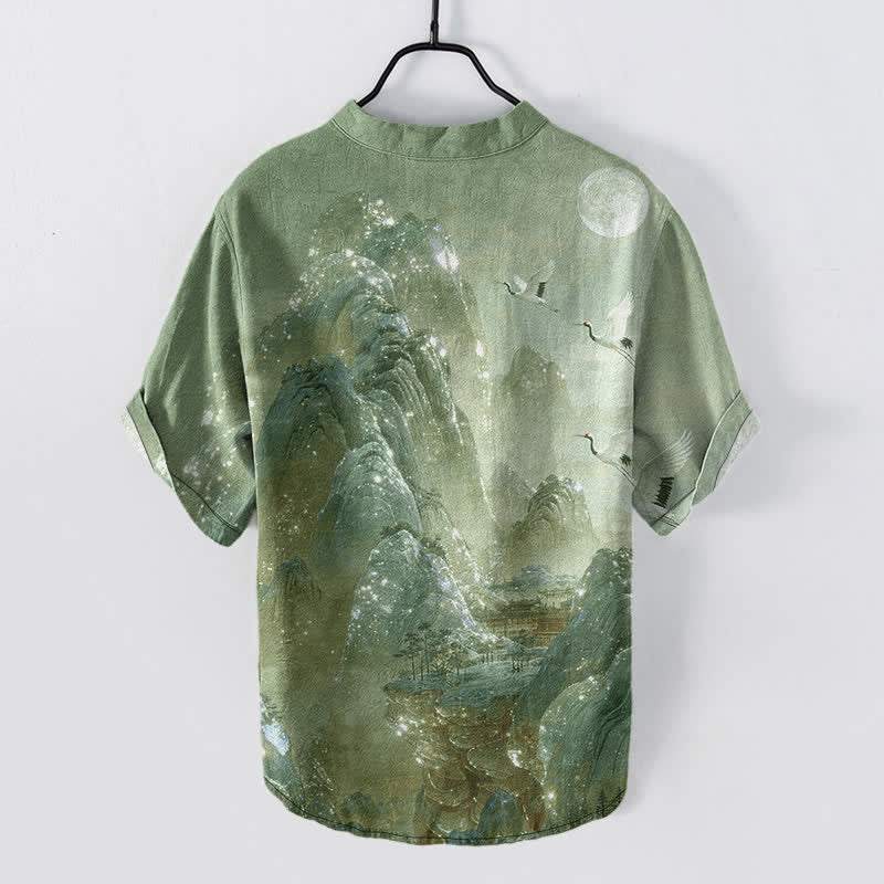 Buddha Stones Cotton Mountain Crane Moon Pattern Men's Short Sleeve Half Button Shirt - image 8