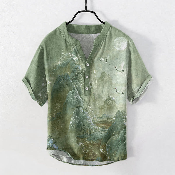 Buddha Stones Cotton Mountain Crane Moon Pattern Men's Short Sleeve Half Button Shirt - LightGreen - US/UK/AU50，EU60 (5XL) - image 7
