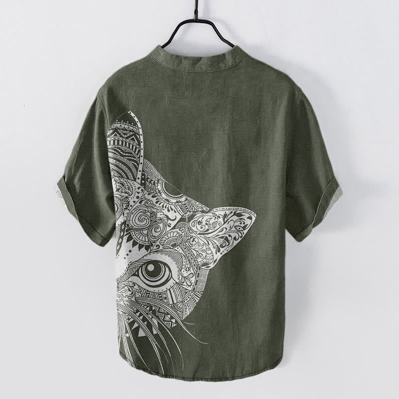 Buddha Stones Cotton Tribal Cat Face Pattern Men's Short Sleeve Half Button Shirt - image 6