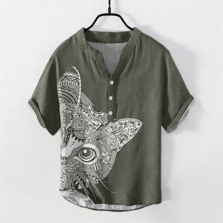 Buddha Stones Cotton Tribal Cat Face Pattern Men's Short Sleeve Half Button Shirt - DarkOliveGreen - US/UK/AU50，EU60 (5XL) - image 5