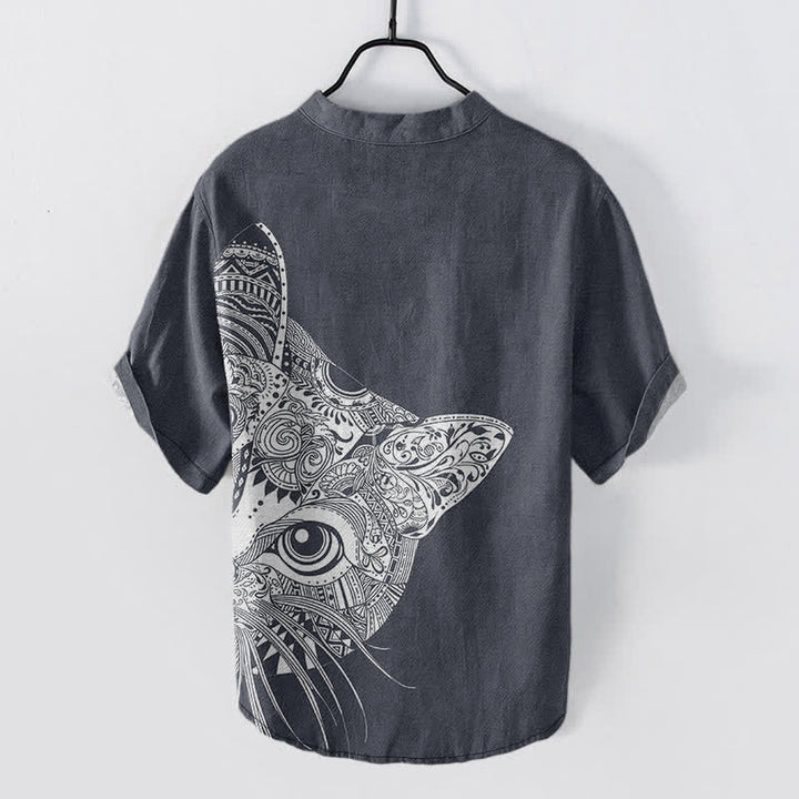 Buddha Stones Cotton Tribal Cat Face Pattern Men's Short Sleeve Half Button Shirt - image 8