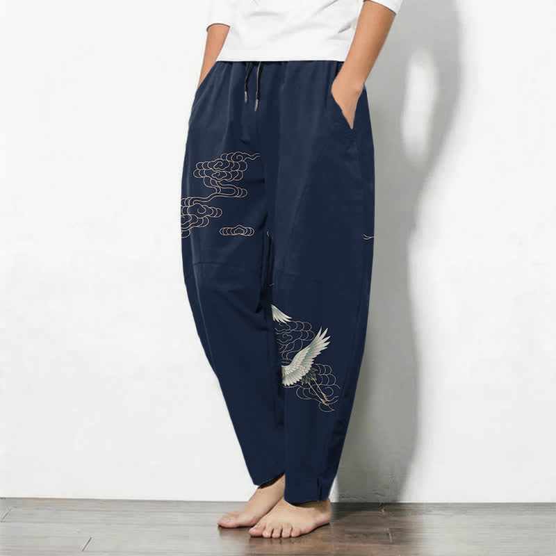 Buddha Stones Pure Cotton Flying Crane Cloud Pattern Drawstring Men's Tapered Pants With Pockets - image 1
