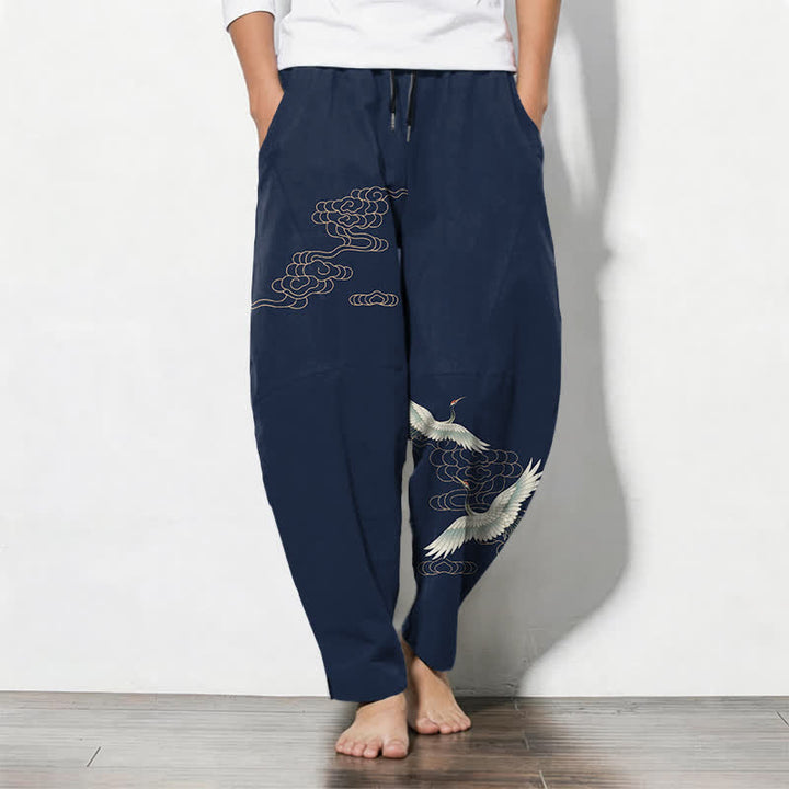 Buddha Stones Pure Cotton Flying Crane Cloud Pattern Drawstring Men's Tapered Pants With Pockets - Navy - US/UK/AU50，EU60 (5XL) - image 0